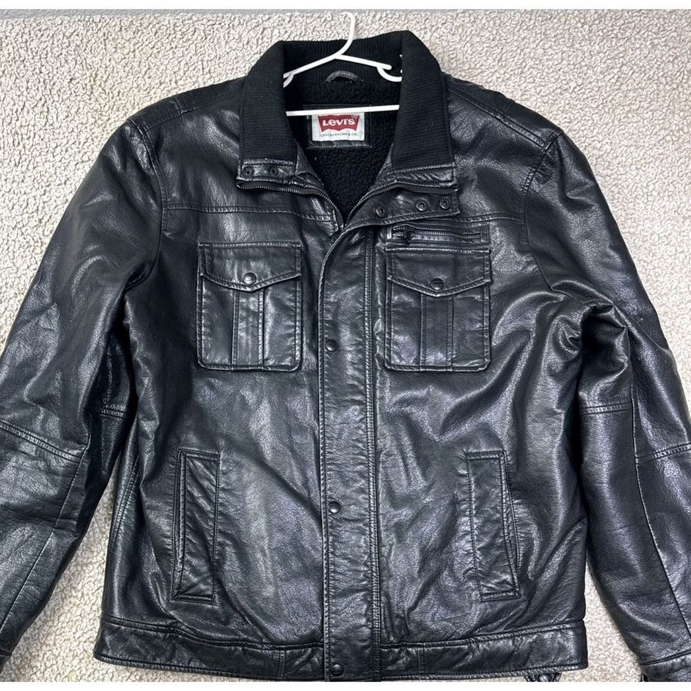 Levis Faux Leather Stand Collar Aviator Bomber Jacket with Sherpa Lining Men's L